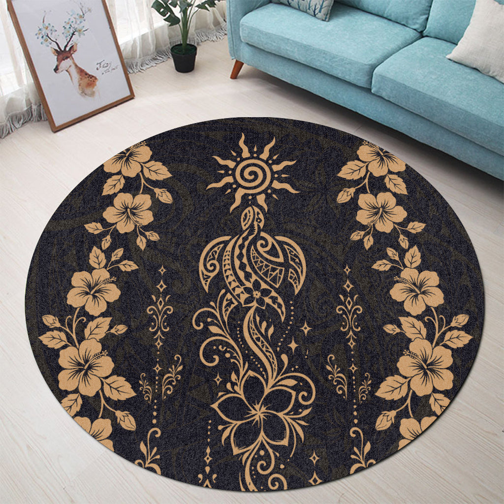 Hawaii Round Rug Vintage Honu Hibiscus Floral Elegance