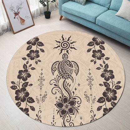 Hawaii Round Rug Vintage Honu Hibiscus Floral Elegance