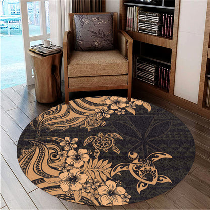 Hawaii Round Rug Kanaka Maoli Hibiscus Polynesian Tribal Turtle Print Style