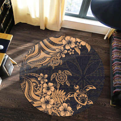 Hawaii Round Rug Kanaka Maoli Hibiscus Polynesian Tribal Turtle Print Style