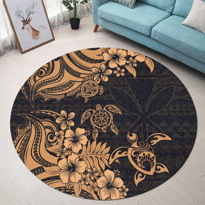 Hawaii Round Rug Kanaka Maoli Hibiscus Polynesian Tribal Turtle Print Style