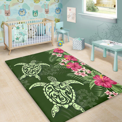 Hawaii Area Rug Polynesian Sea Turtle Hibiscus Tropical Style