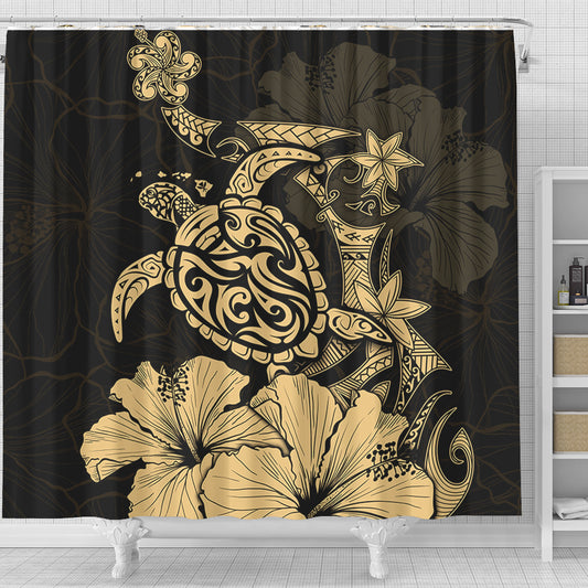 Hawaii Shower Curtain Golden Honu Hibiscus Serenity Style