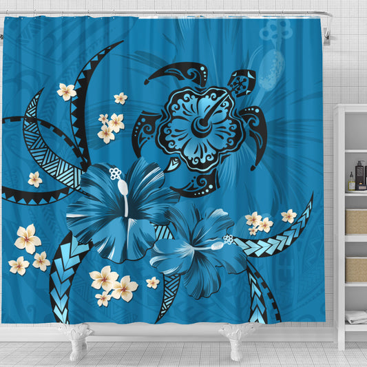 Hawaii Shower Curtain Blue Honu Hibiscus Island Harmony