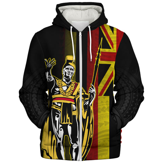 Hawaii Sherpa Hoodie King Kamehameha Gold Flag Island Royalty Style