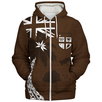 Fiji Sherpa Hoodie Coat Of Arms Flag Islands Brown Tapa Style