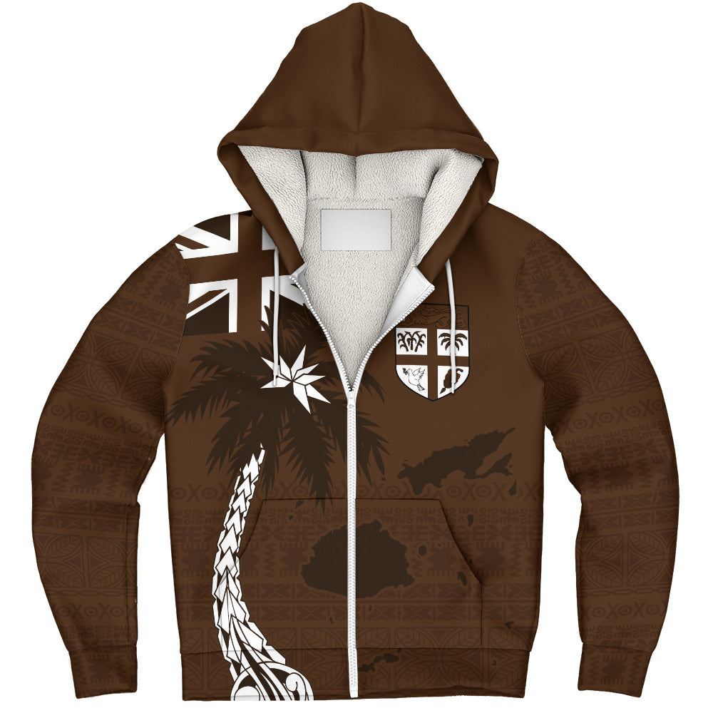 Fiji Sherpa Hoodie Coat Of Arms Flag Islands Brown Tapa Style