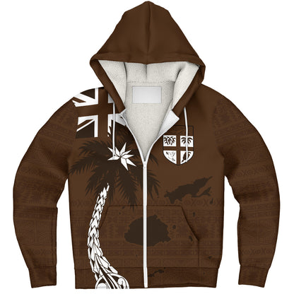 Fiji Sherpa Hoodie Coat Of Arms Flag Islands Brown Tapa Style