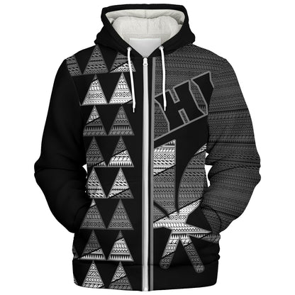 Hawaii Sherpa Hoodie HI Spear Monochrome Tribal Pattern