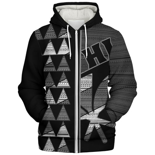 Hawaii Sherpa Hoodie HI Spear Monochrome Tribal Pattern