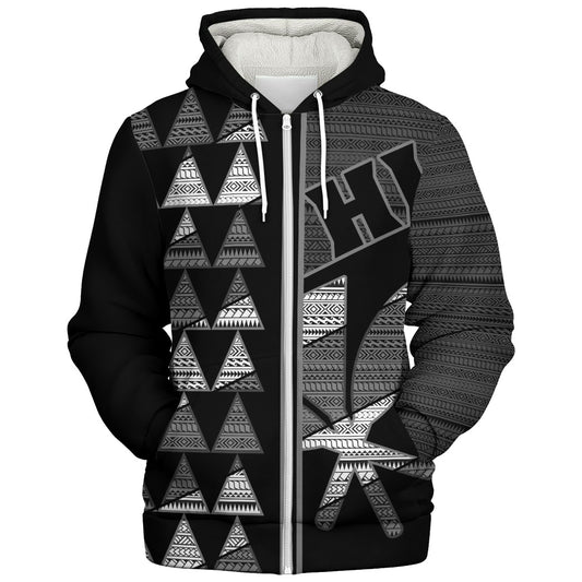 Hawaii Sherpa Hoodie HI Spear Monochrome Tribal Pattern
