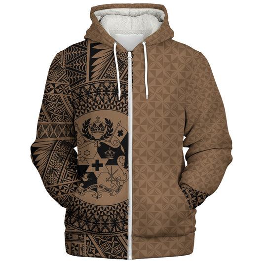 Tonga Sherpa Hoodie Coat Of Arms Ngatu Tapa Heritage Style