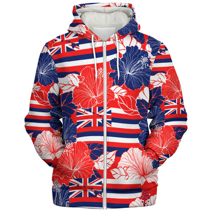 Hawaii Sherpa Hoodie Hibiscus Flag Map Island Pride