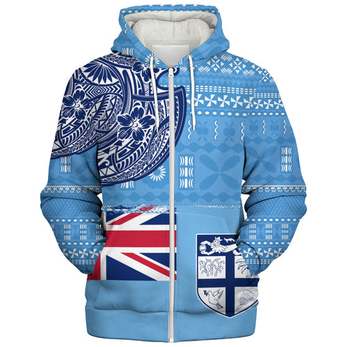 Fiji Sherpa Hoodie Ocean Blue Tribal Shield Pride
