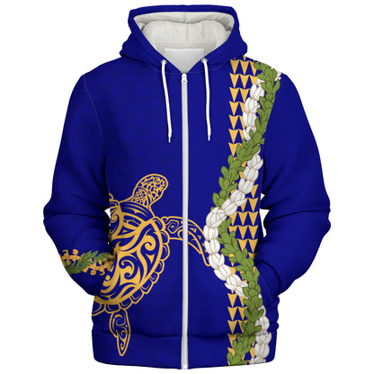 Hawaii Sherpa Hoodie Turtle Puakenikeni Maile Flower Lei