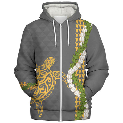 Hawaii Sherpa Hoodie Turtle Puakenikeni Maile Flower Lei