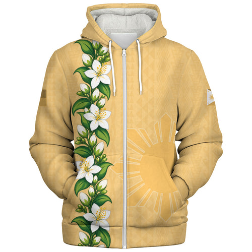 Philippines Filipinos Sherpa Hoodie Sampaguita Flower Tribal Polynesian Sun Island Style