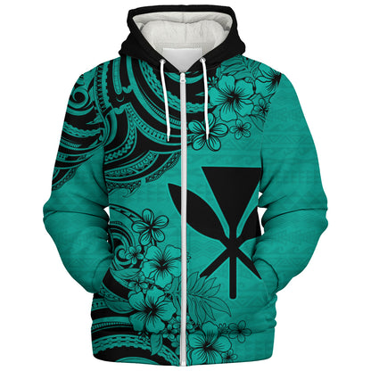 Hawaii Sherpa Hoodie Kanaka Maoli Hibiscus Polynesian Tribal Print Style