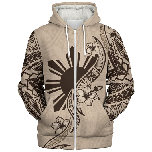 Philippines Filipinos Sherpa Hoodie Sun and Sampaguita Flower Tribal Pattern