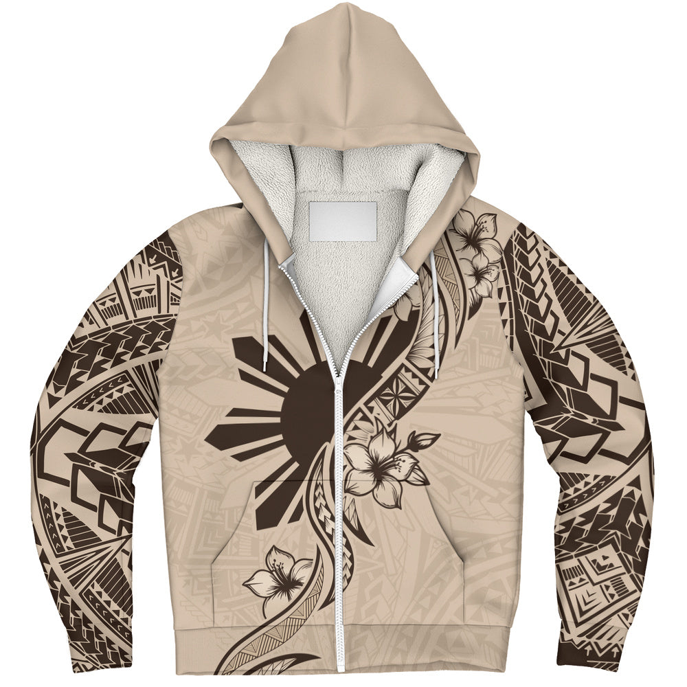 Philippines Filipinos Sherpa Hoodie Sun and Sampaguita Flower Tribal Pattern