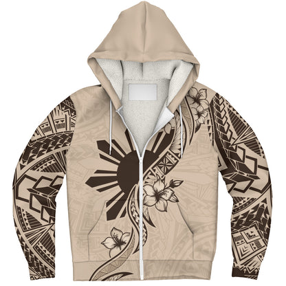 Philippines Filipinos Sherpa Hoodie Sun and Sampaguita Flower Tribal Pattern