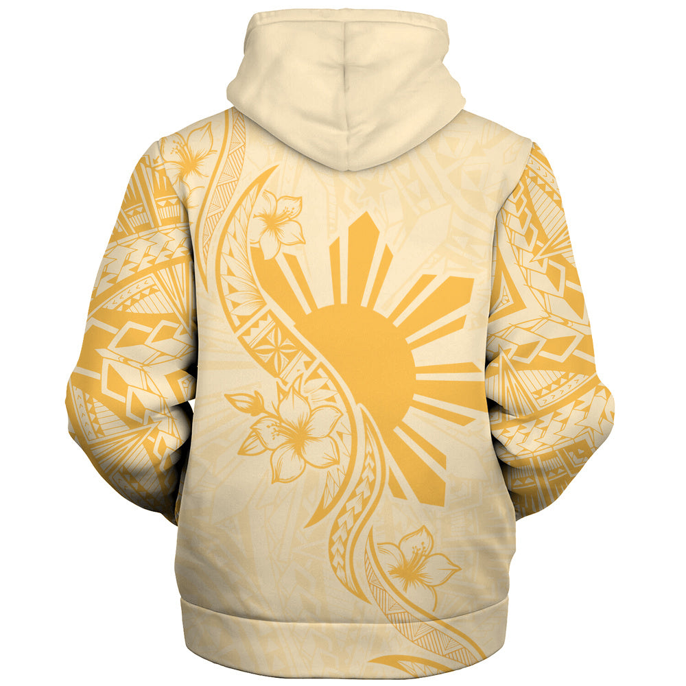 Philippines Filipinos Sherpa Hoodie Sun and Sampaguita Flower Tribal Pattern