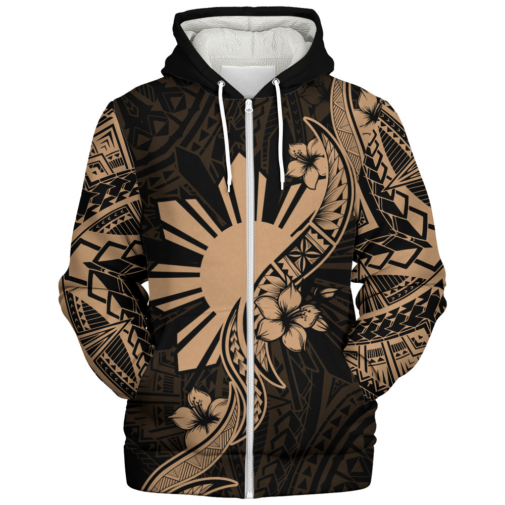 Philippines Filipinos Sherpa Hoodie Sun and Sampaguita Flower Tribal Pattern