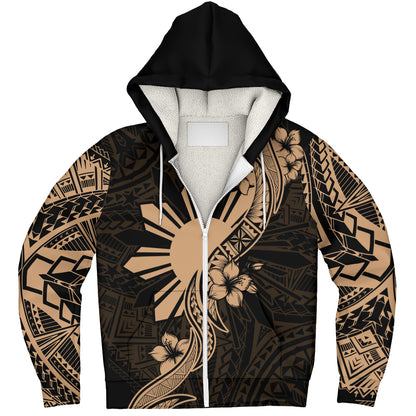 Philippines Filipinos Sherpa Hoodie Sun and Sampaguita Flower Tribal Pattern
