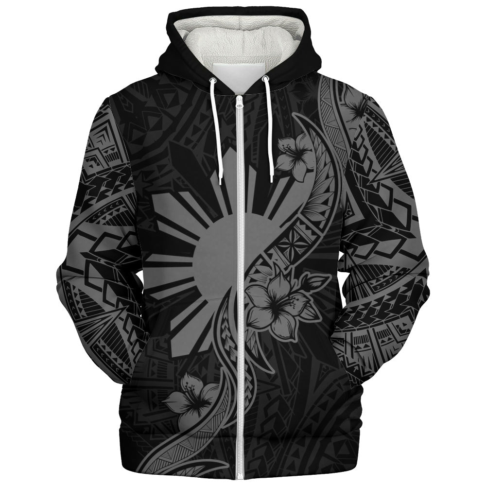Philippines Filipinos Sherpa Hoodie Sun and Sampaguita Flower Tribal Pattern