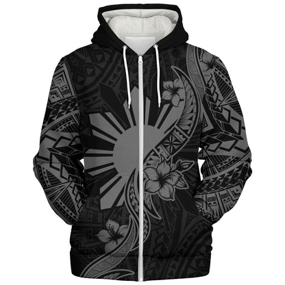 Philippines Filipinos Sherpa Hoodie Sun and Sampaguita Flower Tribal Pattern