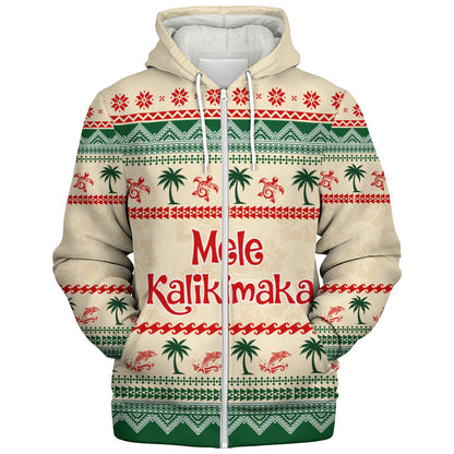 Hawaii Sherpa Hoodie Mele Kalikimaka King Kamehameha Santa Polynesian Tribal Heritage