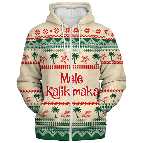 Hawaii Sherpa Hoodie Mele Kalikimaka King Kamehameha Santa Polynesian Tribal Heritage