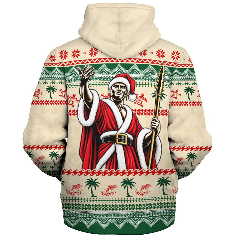 Hawaii Sherpa Hoodie Mele Kalikimaka King Kamehameha Santa Polynesian Tribal Heritage