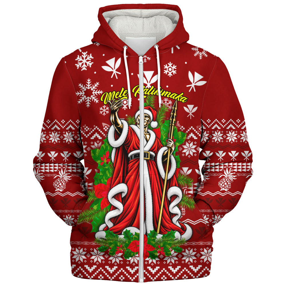 Hawaii Sherpa Hoodie Mele Kalikimaka King Kamehameha Santa Polynesian Holiday Spirit