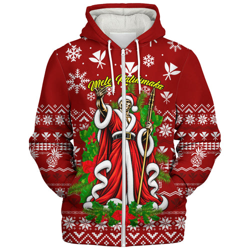Hawaii Sherpa Hoodie Mele Kalikimaka King Kamehameha Santa Polynesian Holiday Spirit