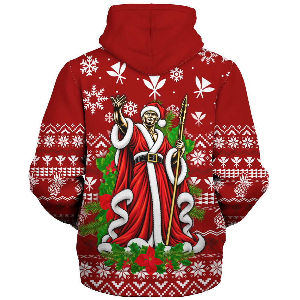 Hawaii Sherpa Hoodie Mele Kalikimaka King Kamehameha Santa Polynesian Holiday Spirit