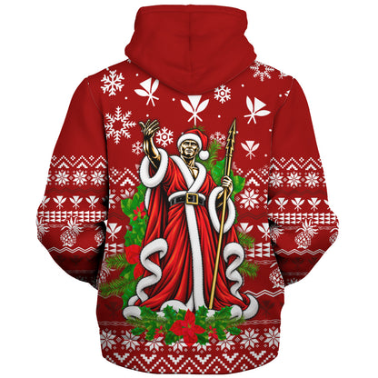 Hawaii Sherpa Hoodie Mele Kalikimaka King Kamehameha Santa Polynesian Holiday Spirit