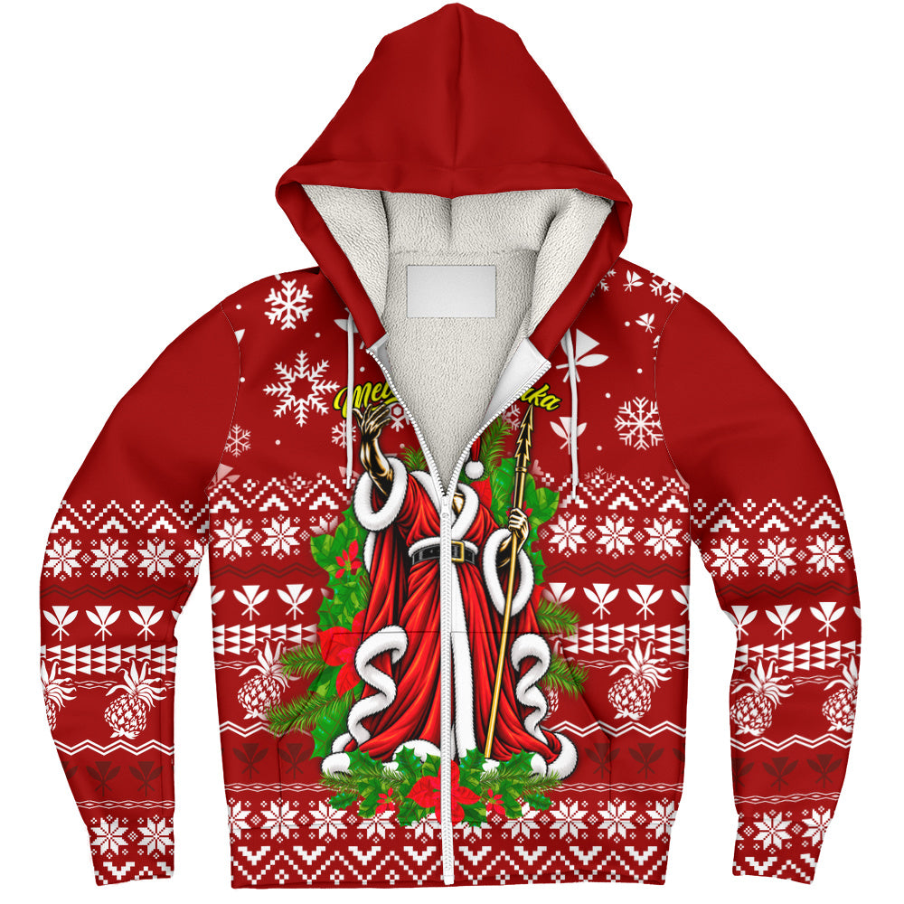 Hawaii Sherpa Hoodie Mele Kalikimaka King Kamehameha Santa Polynesian Holiday Spirit