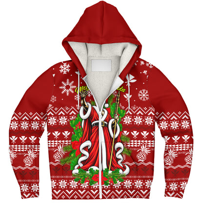 Hawaii Sherpa Hoodie Mele Kalikimaka King Kamehameha Santa Polynesian Holiday Spirit