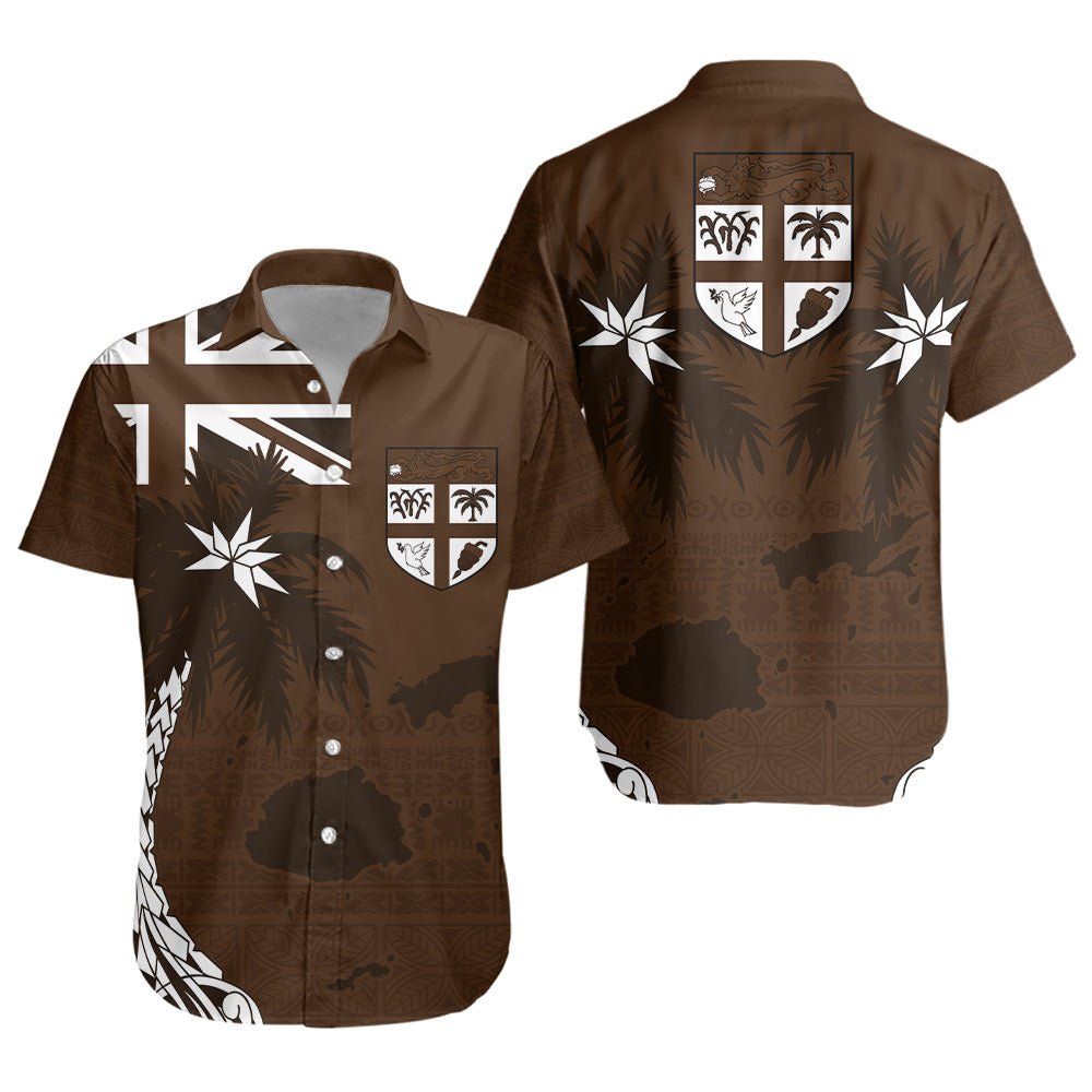 Fiji Short Sleeve Shirt Coat Of Arms Flag Islands Brown Tapa Style