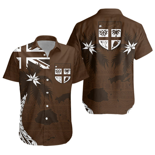 Fiji Short Sleeve Shirt Coat Of Arms Flag Islands Brown Tapa Style