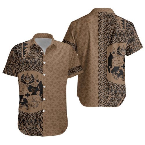 Tonga Short Sleeve Shirt Coat Of Arms Ngatu Tapa Heritage Style