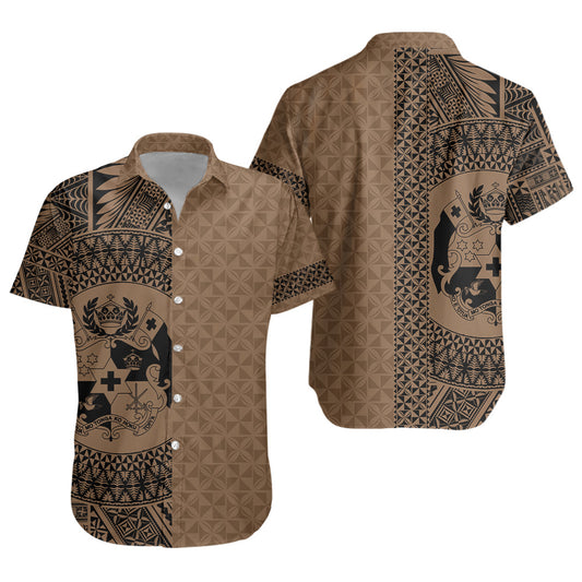 Tonga Short Sleeve Shirt Coat Of Arms Ngatu Tapa Heritage Style