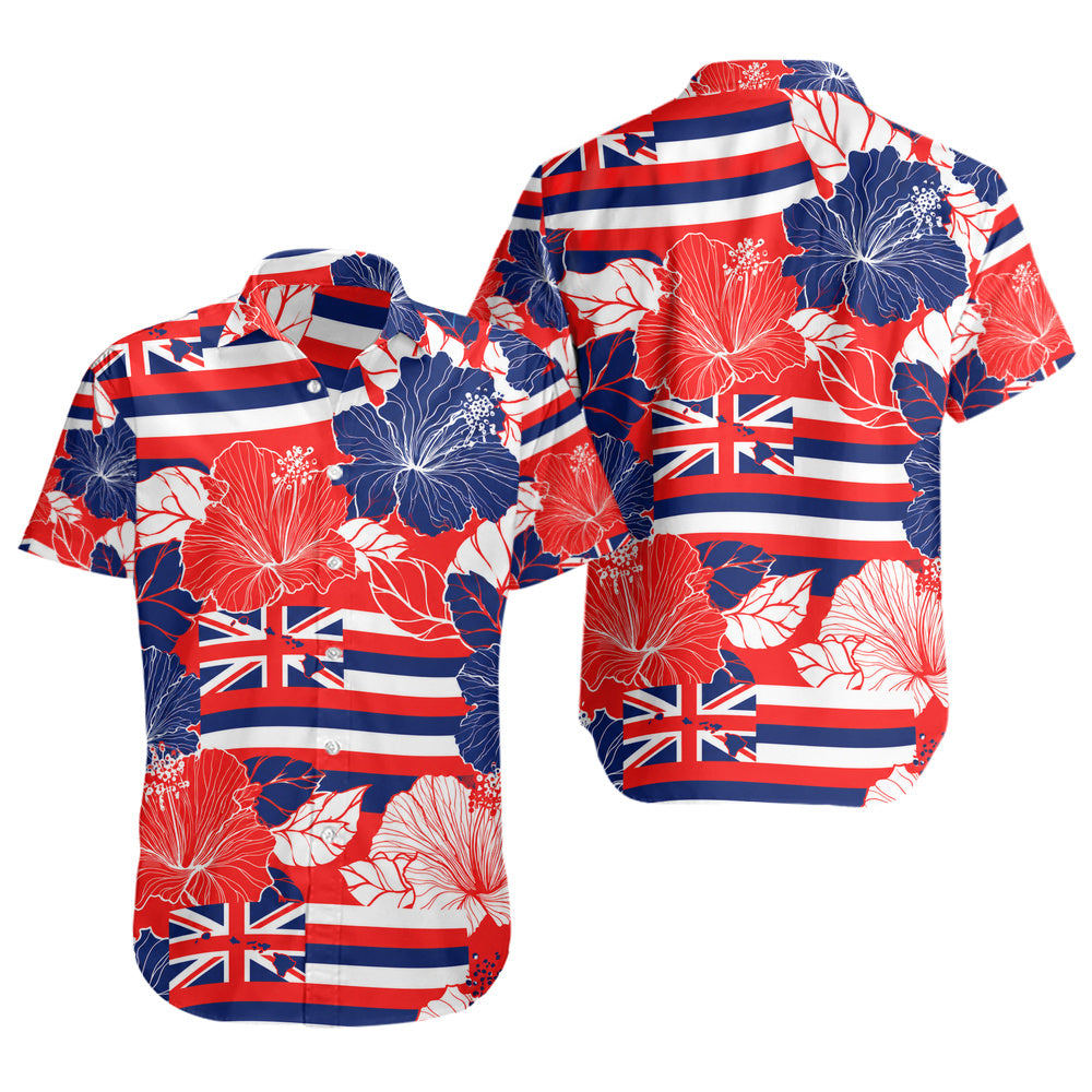 Hawaii Short Sleeve Shirt Hibiscus Flag Map Island Pride