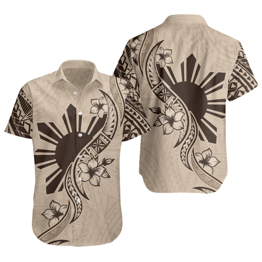 Philippines Filipinos Short Sleeve Shirt Sun and Sampaguita Flower Tribal Pattern