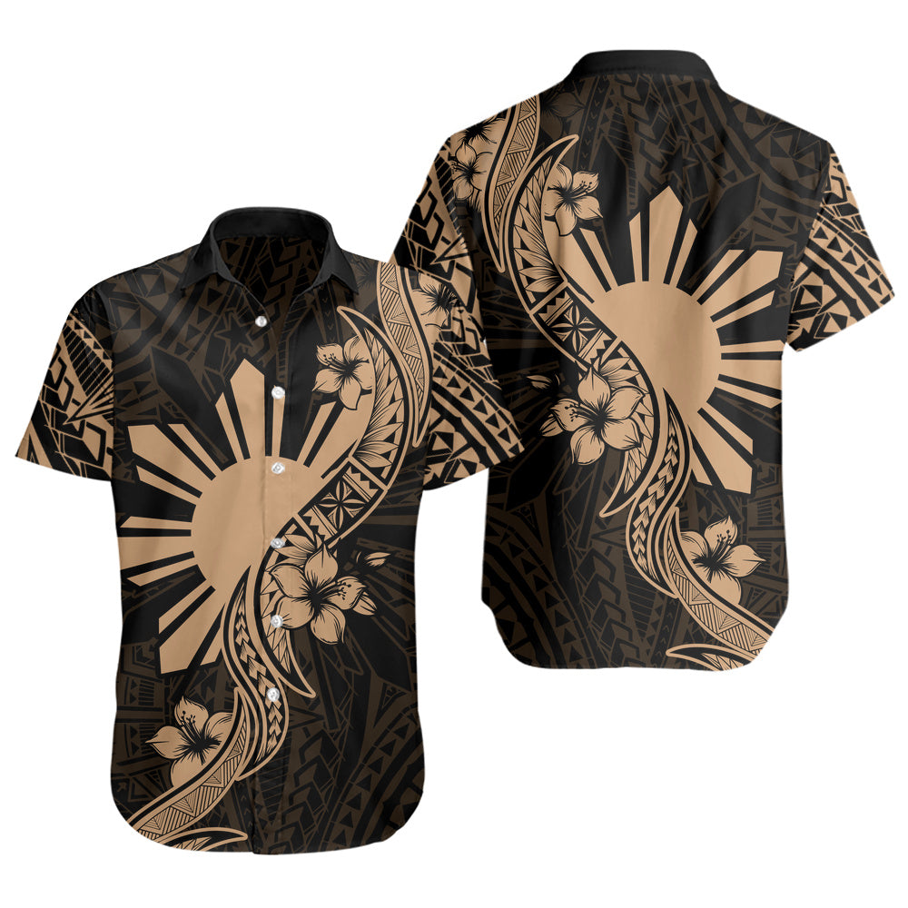 Philippines Filipinos Short Sleeve Shirt Sun and Sampaguita Flower Tribal Pattern