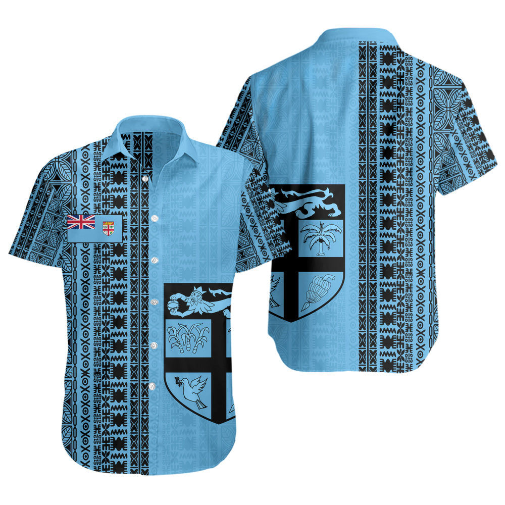 Fiji Short Sleeve Shirt Fijian Flag National Crest Masi Tribal Heritage