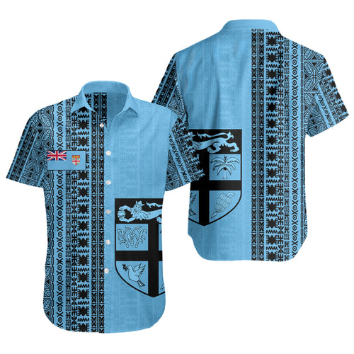 Fiji Short Sleeve Shirt Fijian Flag National Crest Masi Tribal Heritage