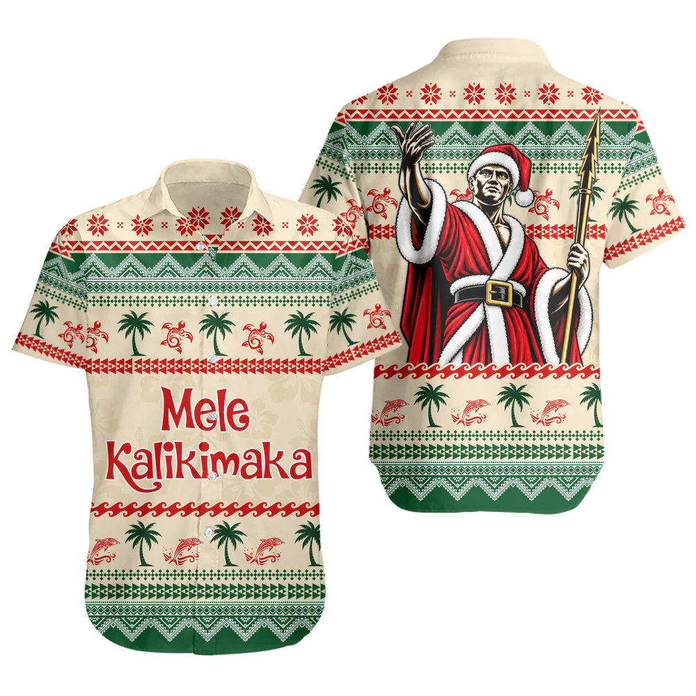 Hawaii Short Sleeve Shirt Mele Kalikimaka King Kamehameha Santa Polynesian Tribal Heritage