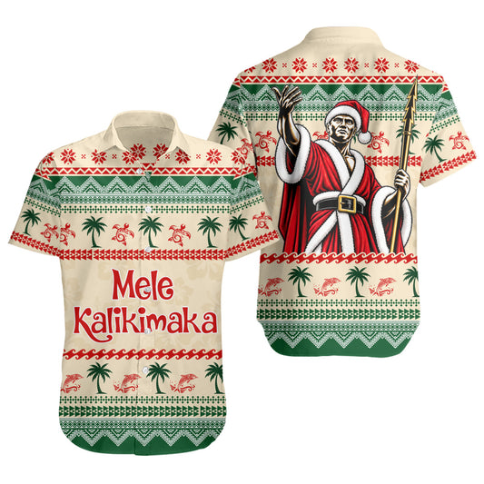 Hawaii Short Sleeve Shirt Mele Kalikimaka King Kamehameha Santa Polynesian Tribal Heritage